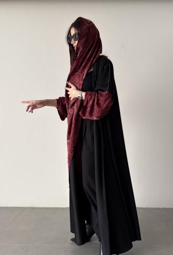 سدن-قماش شامواه اسود و أكمام كشميري + طرحه كشميري
