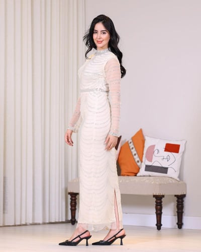 فستان ترتر ملكي بأكمام تول