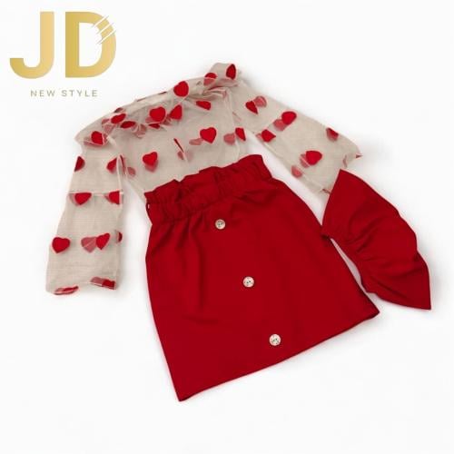 طقم بناتي شيفون قلوب مع تنورة حمراء
