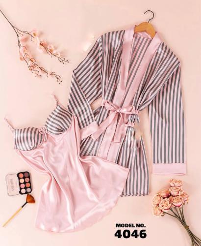 روب قطعتين مخطط حرير طويل متوفر القميص الداخلي لون...