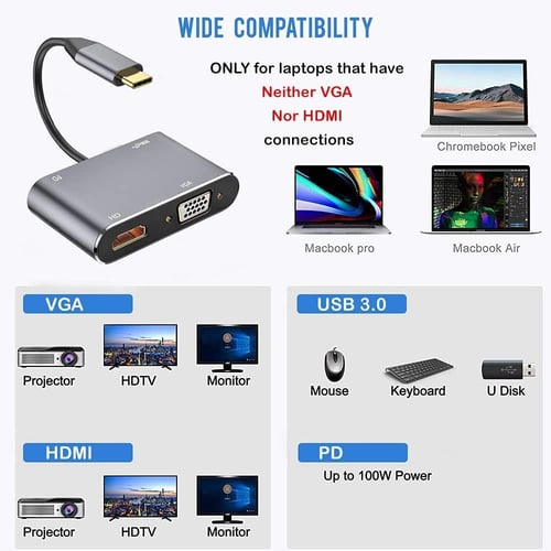 تحويلة USB Type‑C إلى HDMI & VGA بدقة 4K و Full HD