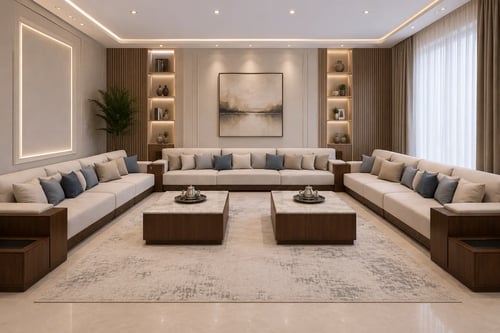 مجلس نجدي فاخر مودرن بقماش شانيل وخشب سويدي أنيق