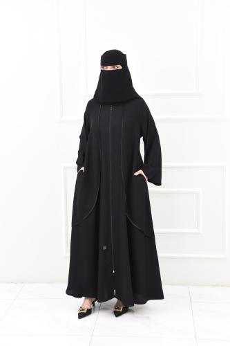 عباية سادة نصف كلوش بسحاب وجيوب مخفية مع تفاصيل ست...