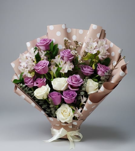 A mixed bouquet of white roses and statice