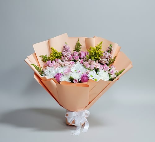 A mixed bouquet of pink baby rose and white cherry...