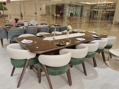 سفرة 12 كرسي زيتي * سكري - خشب طبيعي زان - 12 كرسي