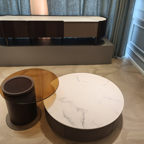 طقم طاولة قهوة دائرية وبلازما – تصميم عصري فاخر لغ...