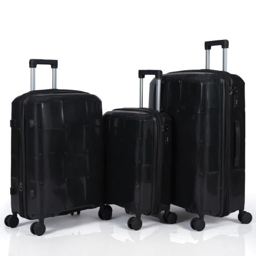 Travel luggage set against breaking 3 pieces made of strong polypropylene material with a unique geometric design with additional...
