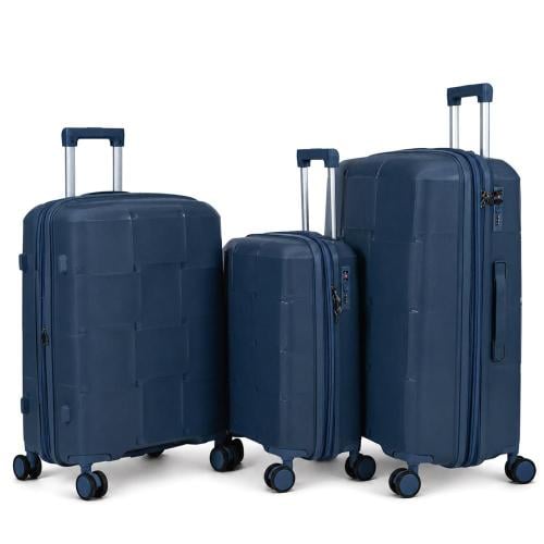 Travel luggage set against breaking 3 pieces made of strong polypropylene material with unique geometric design with additional ex...