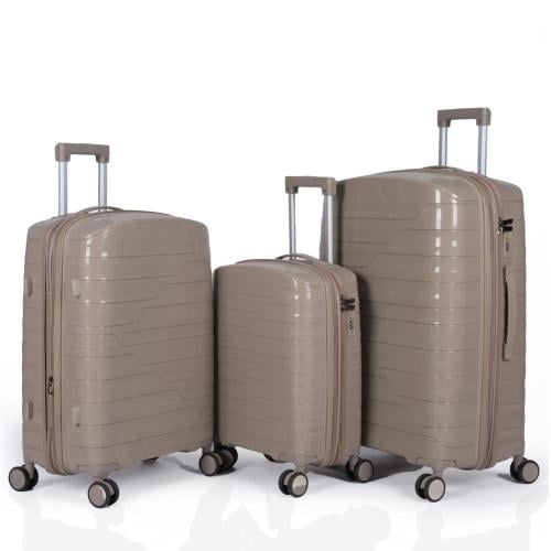 Travel luggage set against breaking 3 pieces made of strong polypropylene material with elegant geometric design with additional e...