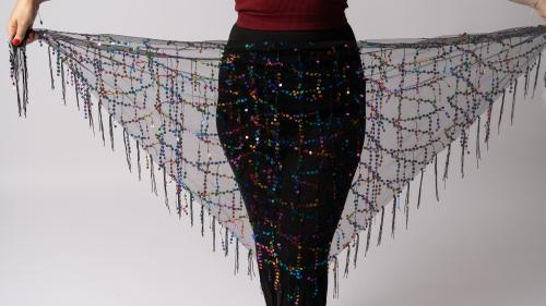 حزام شيفون طويل شفاف مع زخارف لامعة (أسود)