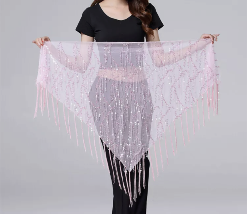 حزام شيفون طويل شفاف مع زخارف لامعة (وردي)