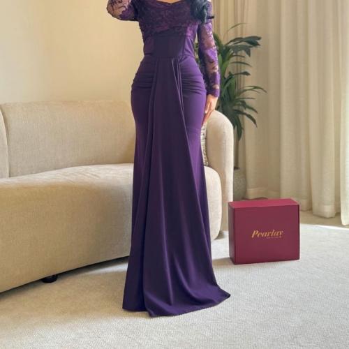 فستان بنفسجي كريب استرتش +دانتيل