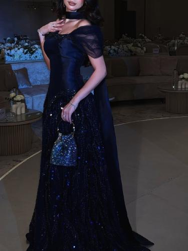 فستان كحلي فخم تطريز سهرة