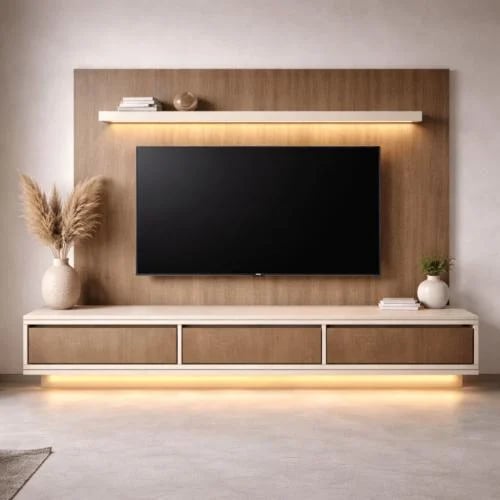 Modern wall-mounted TV unit with back panel and bo...