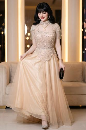 Evening dress with beaded embroidery, with shoulder fringe, on mikado, padded