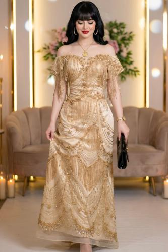 Evening dress with full bead embroidery and fringe, gold-colored, padded