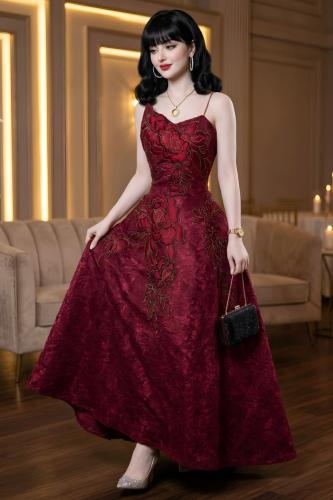 Evening dress with embroidery on the chest, lined with Mikado, with a flared pocket