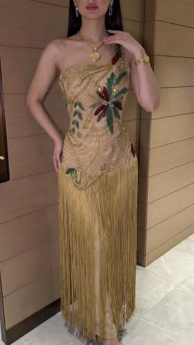 Evening dress fabric | Hand embroidery, soft lining + fringe