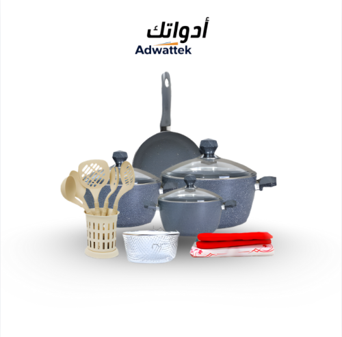 طقم قدور جرانيت تركي اسود بغطاء زجاج