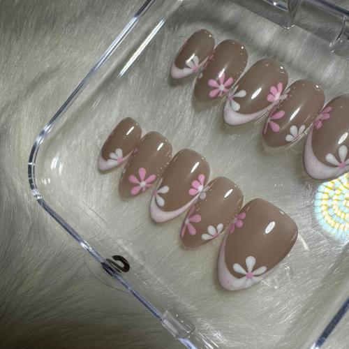 flowerd pink press-on nails