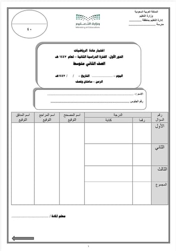 اختبار نهائي ثاني متوسط الفصل الدراسي الثاني 1447