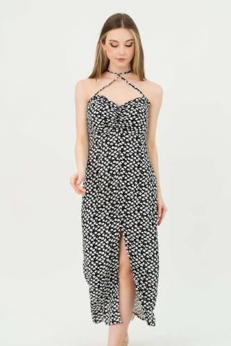 فستان نسائي صيفي طويل مشجر بالورود أسود