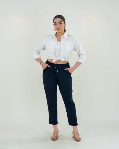 بنطلون نسائي مقاس كبير برباط على الخصر – كحلي أنيق