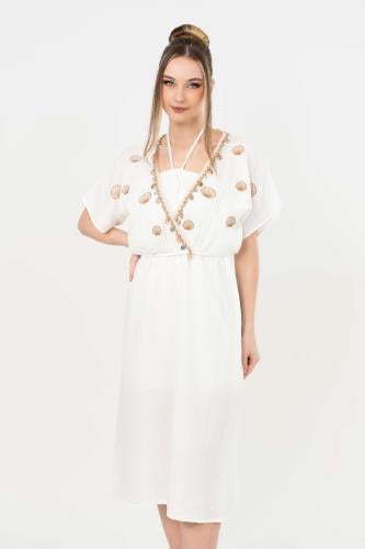 فستان ميدي أبيض مع بلوزة كتان