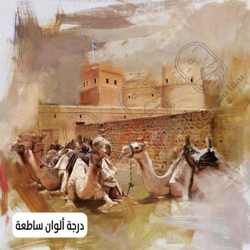 A artistic painting of the caravan of camels at the heritage walls