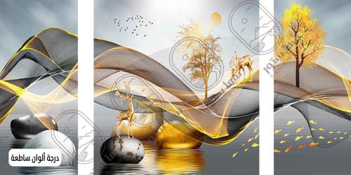 Abstract golden nature wall art - three pieces