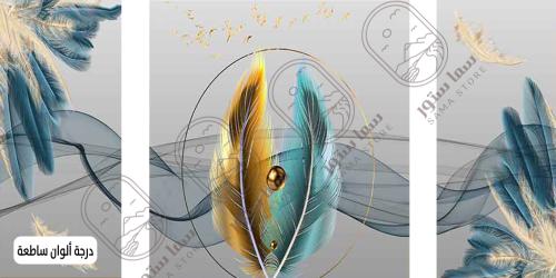 Abstract blue golden brush wall art - three pieces