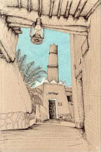 Artistic painting of a traditional Saudi mosque