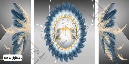 Blue and gold feather wall art - three pieces