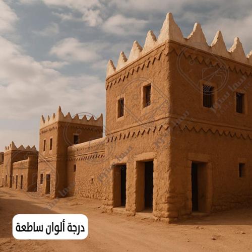 A traditional Najdi heritage art panel and mud buildings