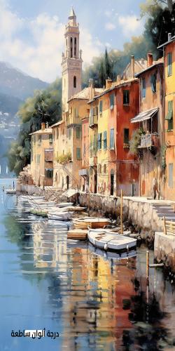 A artistic painting of a European city on the water's edge