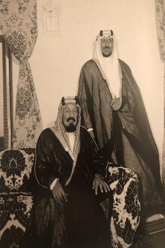 A picture gathering the Glory of the King Founder Abdulaziz Al Saud with the Glory of the King Saud bin Abdulaziz may God have mer...