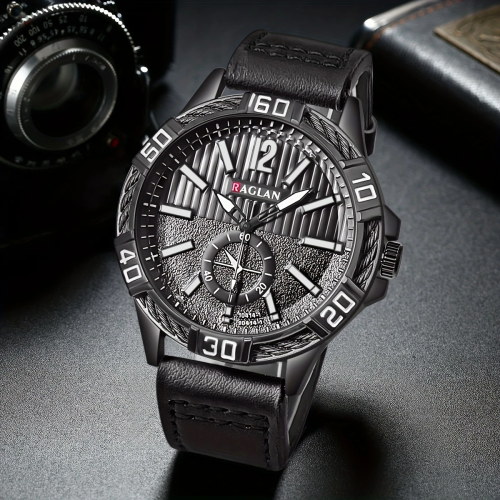 ساعة رجالية رياضية جلد - أسود/أزرق