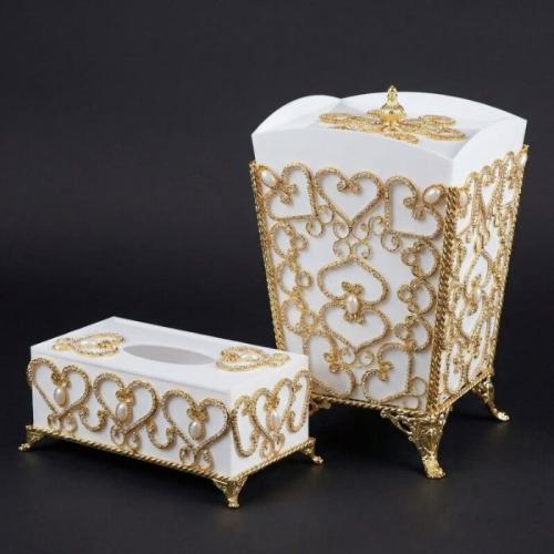 طقم سلة مهملات وعلبة مناديل فاخرة من النحاس المطعّ...