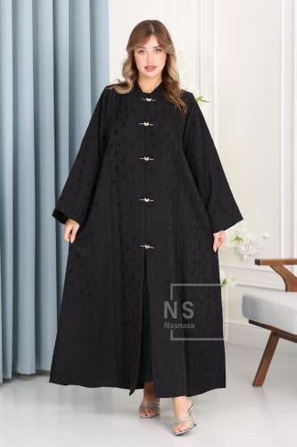 عباية سوداء مخرم مبطن بأزرار فراشة ذهبية