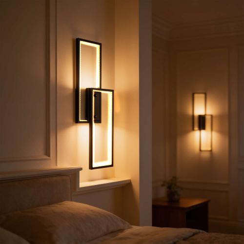 أبليك جداري مودرن LED باللون الأسود بتصميم إطارات هندسية مزدوجة و3 ألوان إضاءة – مقاس 42×15 سم