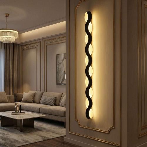 أبليك جداري مودرن LED أسود بتصميم مموج و3 ألوان إضاءة – ارتفاع 100 سم