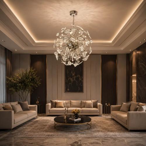 نجفة مودرن بتصميم أوراق كريستالية كروية – فضي 60 سم