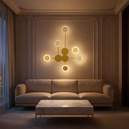 ابليك مودرن LED جداري ذهبي بتصميم دوائر متفرعة وإضاءة أصفر شمسي – 90×80 سم
