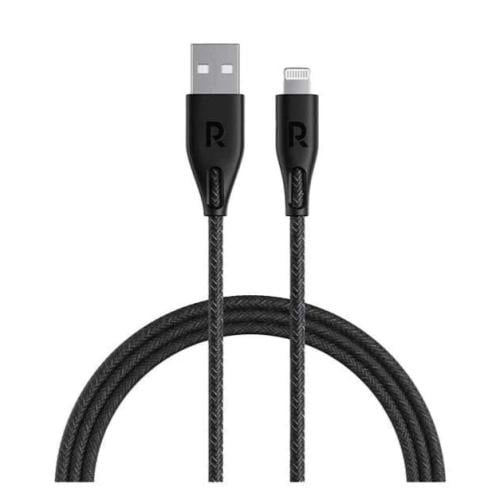 كابل لايتنينج USB-A نايلون 3 متر راف باور أسود