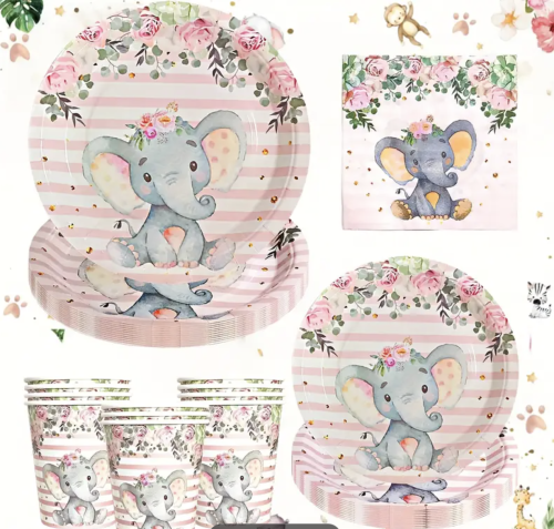 25 قطعة مجموعة أدوات مائدة حفلات بثيمة الفيل الورد...