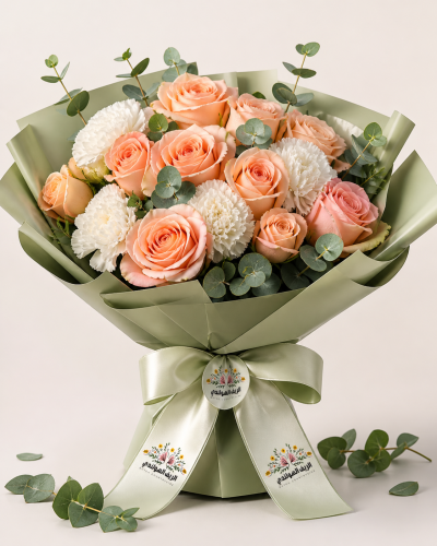 A bouquet of peach-colored roses and white carnati...