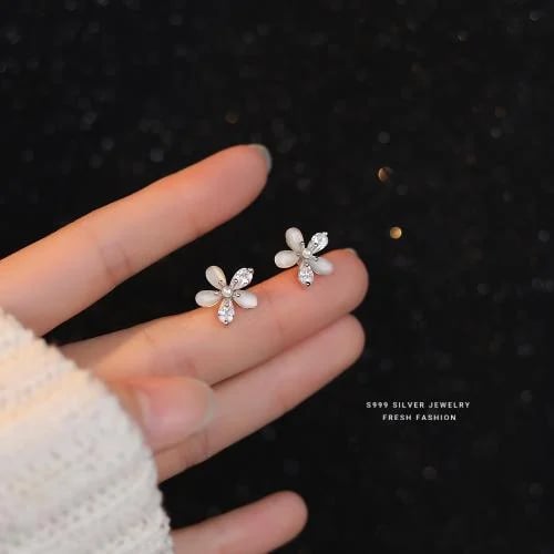 Cat's eye flower earrings, silver, 925 karat