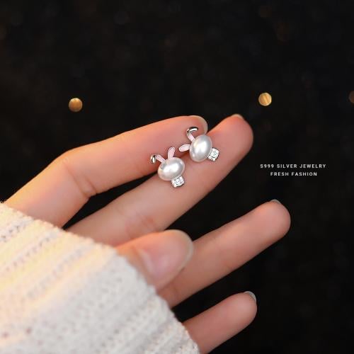 Rabbit Pearl Earrings, 925 Sterling Silver