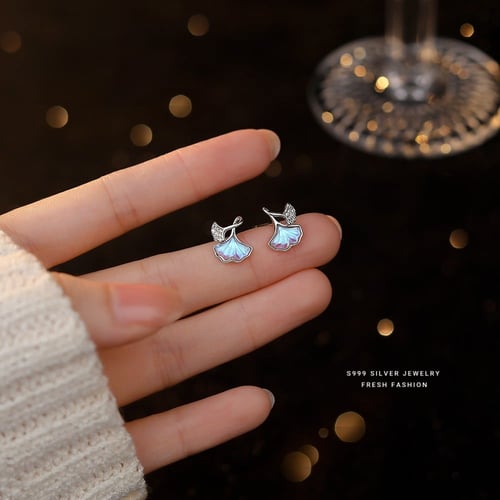 Ginkgo leaf earrings, silver, 925 karat